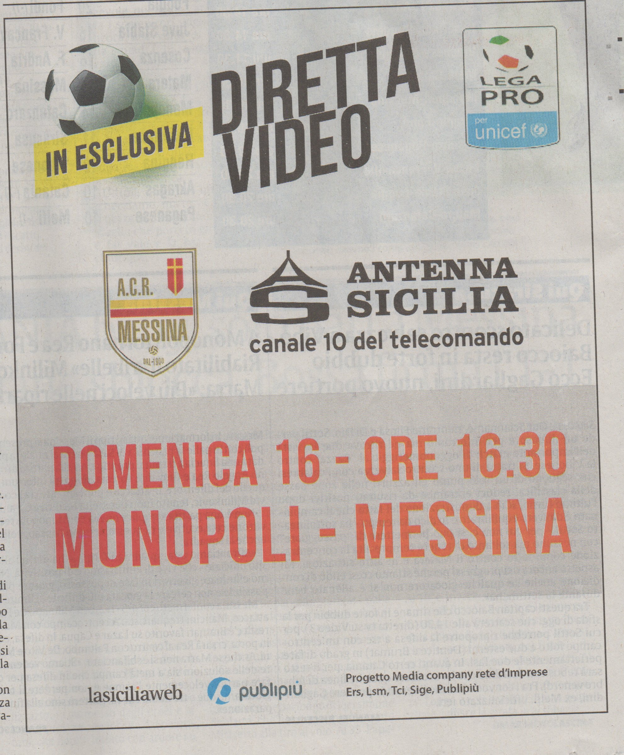 Diretta Antenna Sicilia Monopoli-Messina Domenica 16 alle 16.30