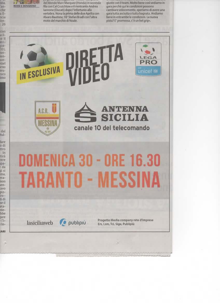 Taranto-Messina Diretta Antenna Sicilia Domenica 30 Ore 16.30