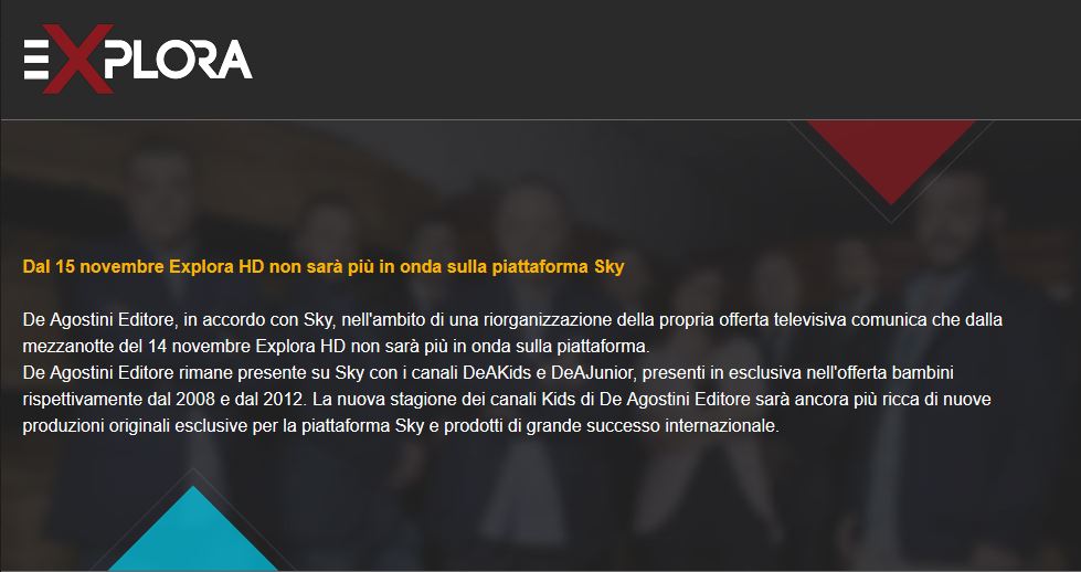 15 novembre 2016: chiude Explora HD su Sky