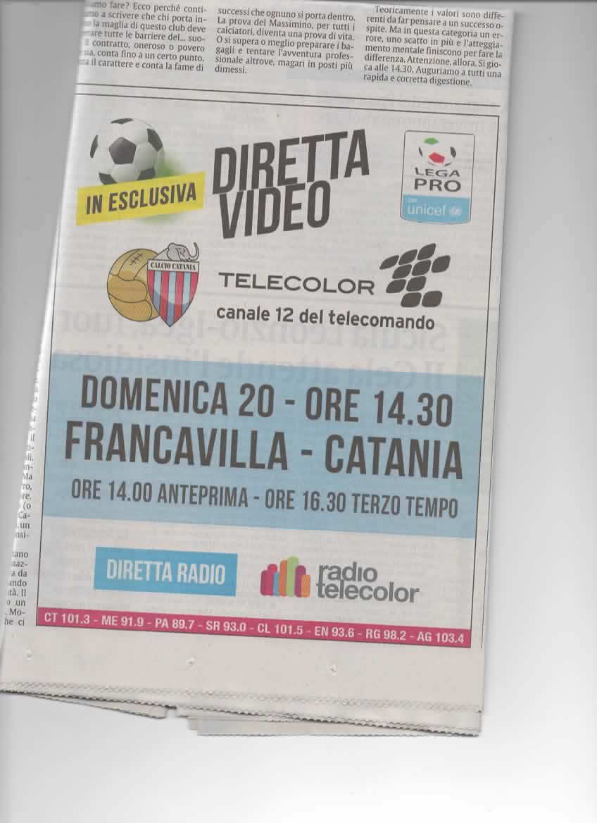 Francavilla-Catania Diretta Telecolor Domenica 20 Ore 14.30