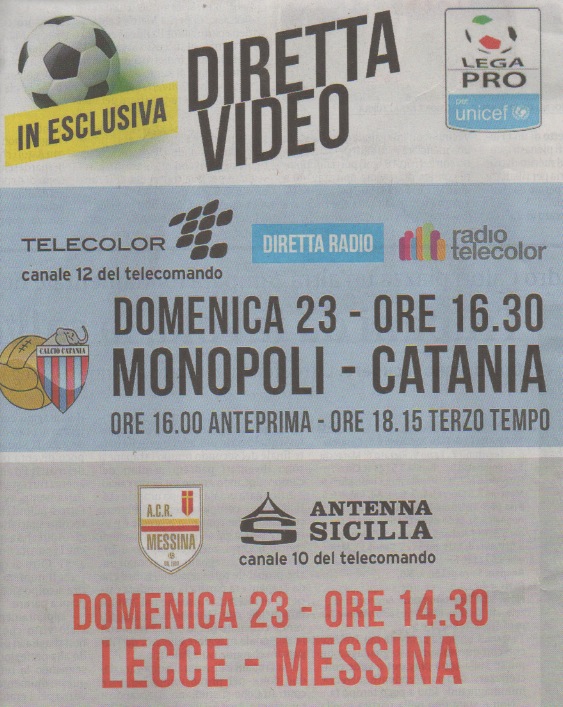 Lecce-Messina diretta Antenna Sicilia domenica 23 aprile ore 14.30